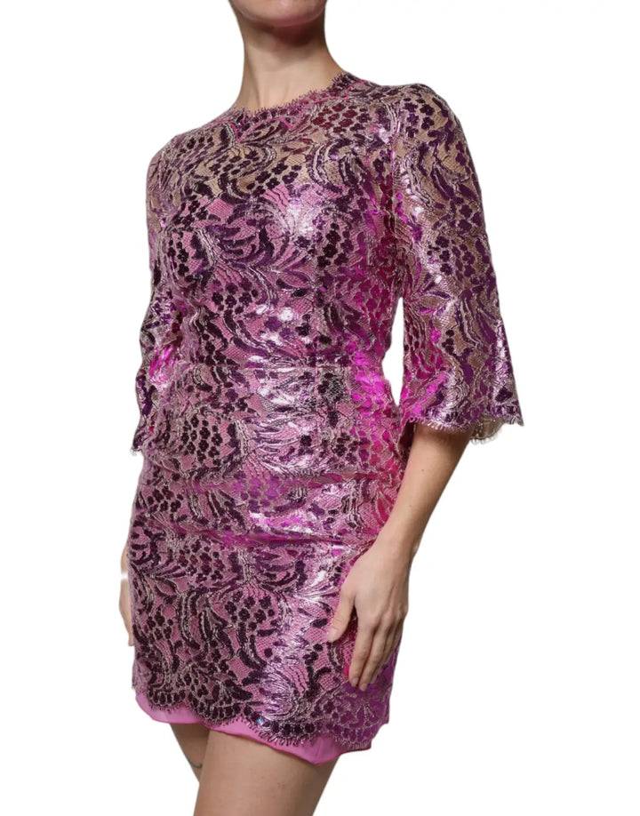 Dolce &amp; Gabbana Metallic Fuchsia Floral Sheath Mini Dress