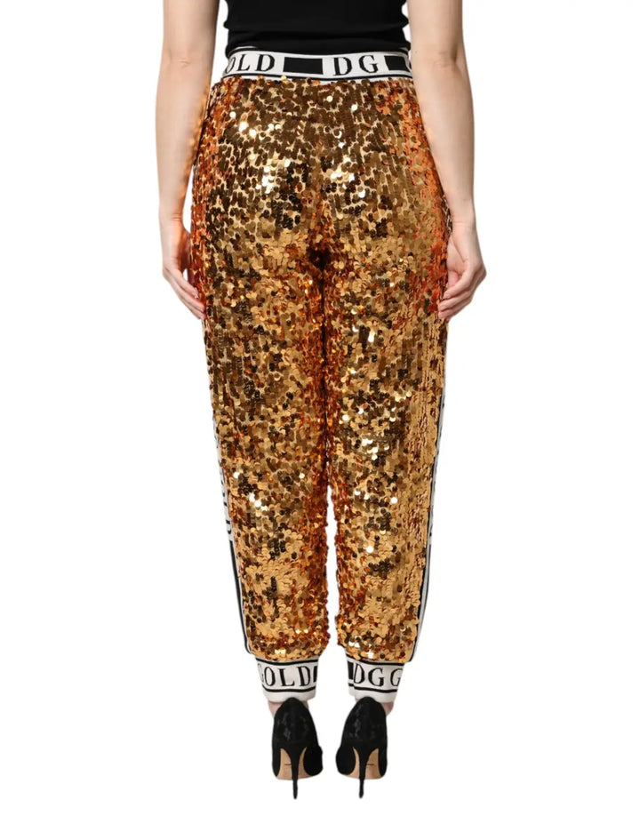 Dolce &amp; Gabbana Metallic Gold DG Logo Sequined Jogger Pants