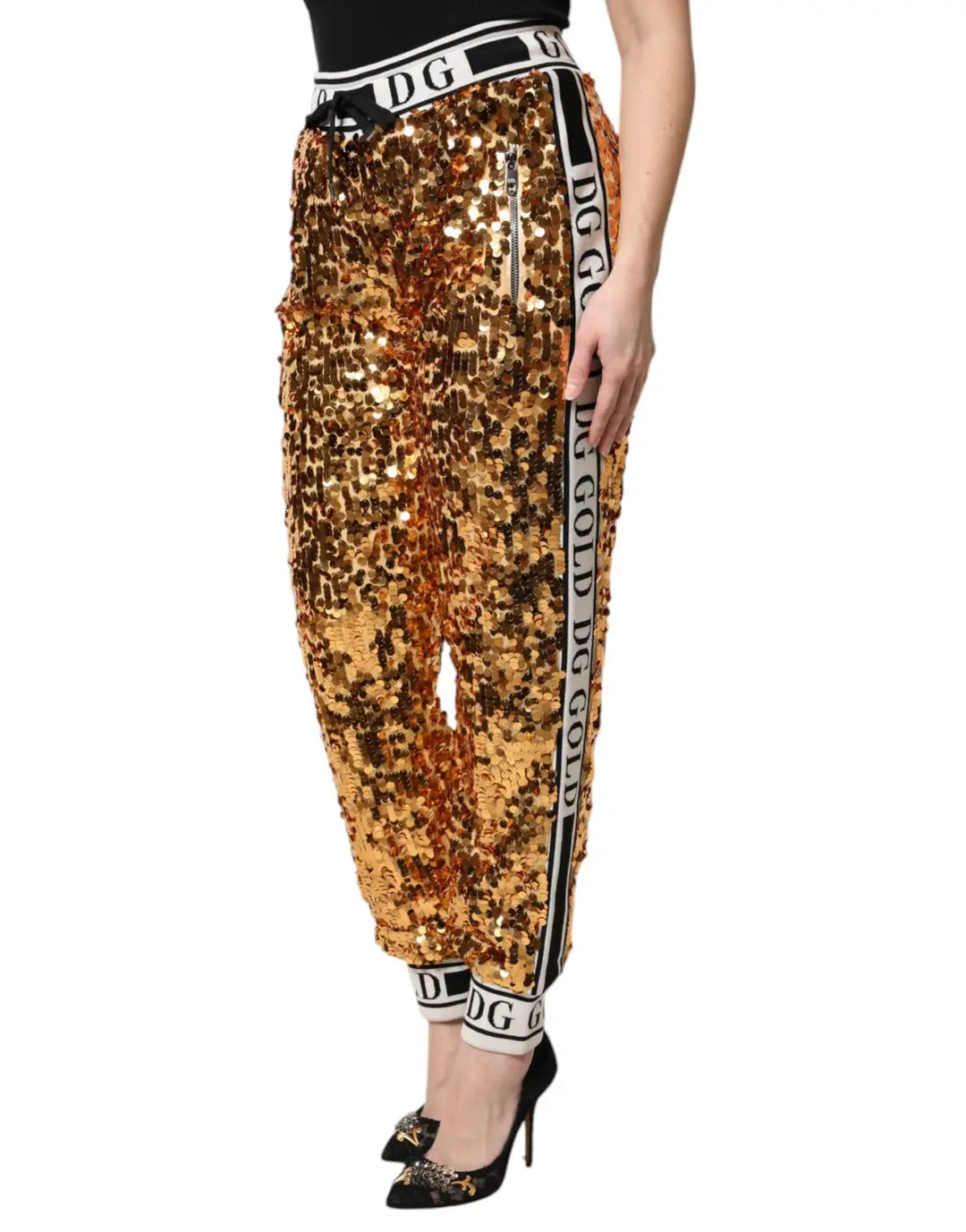 Dolce &amp; Gabbana Metallic Gold DG Logo Sequined Jogger Pants