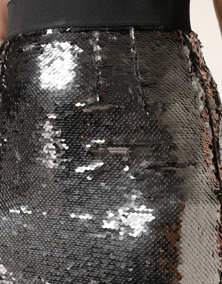 Dolce &amp; Gabbana Metallic Gray Sequin High Waist Mermaid Skirt