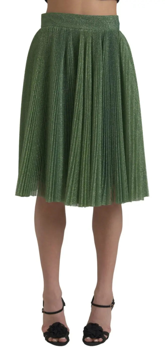 Dolce &amp; Gabbana Metallic Green High Waist A-line Pleated Skirt