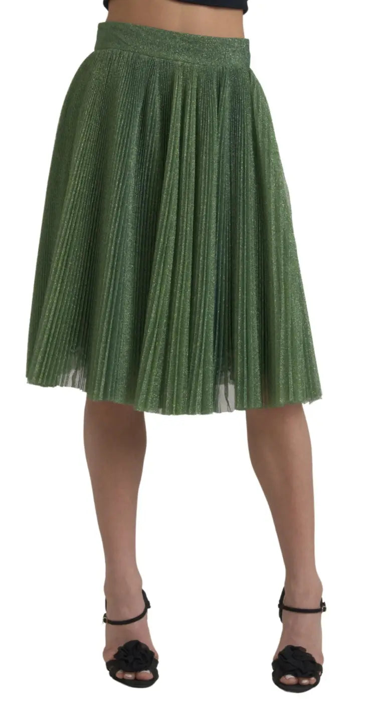 Dolce &amp; Gabbana Metallic Green High Waist A-line Pleated Skirt