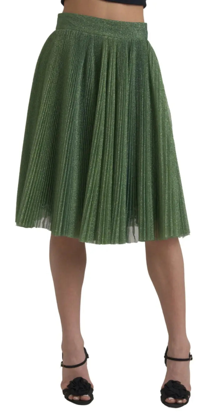 Dolce &amp; Gabbana Metallic Green High Waist A-line Pleated Skirt