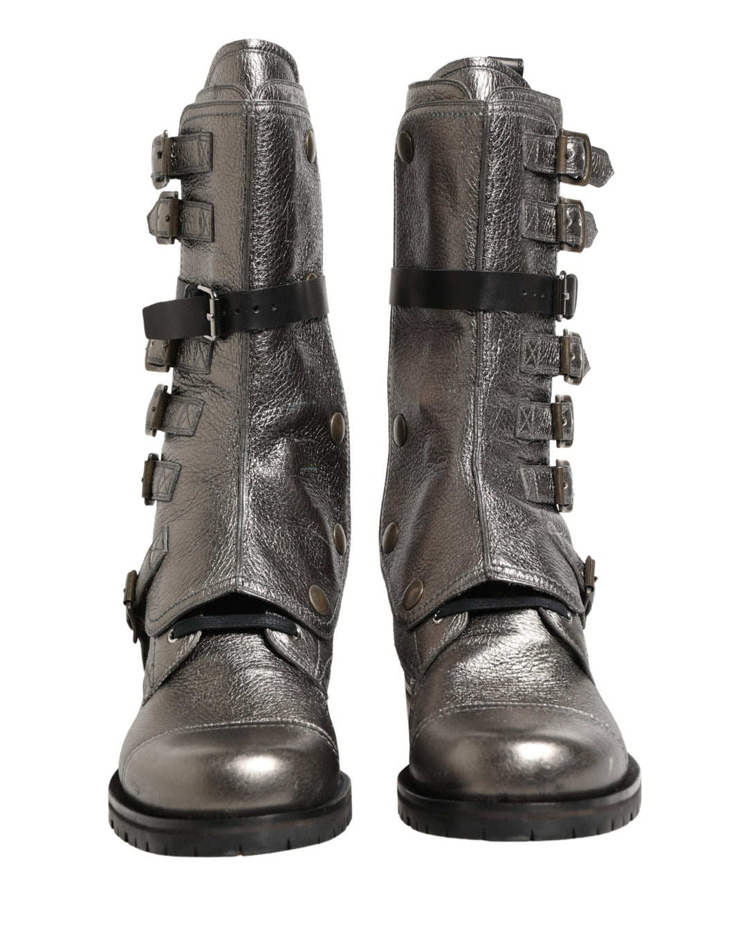 Dolce &amp; Gabbana Metallic Leather Buckle Combat Boots Shoes