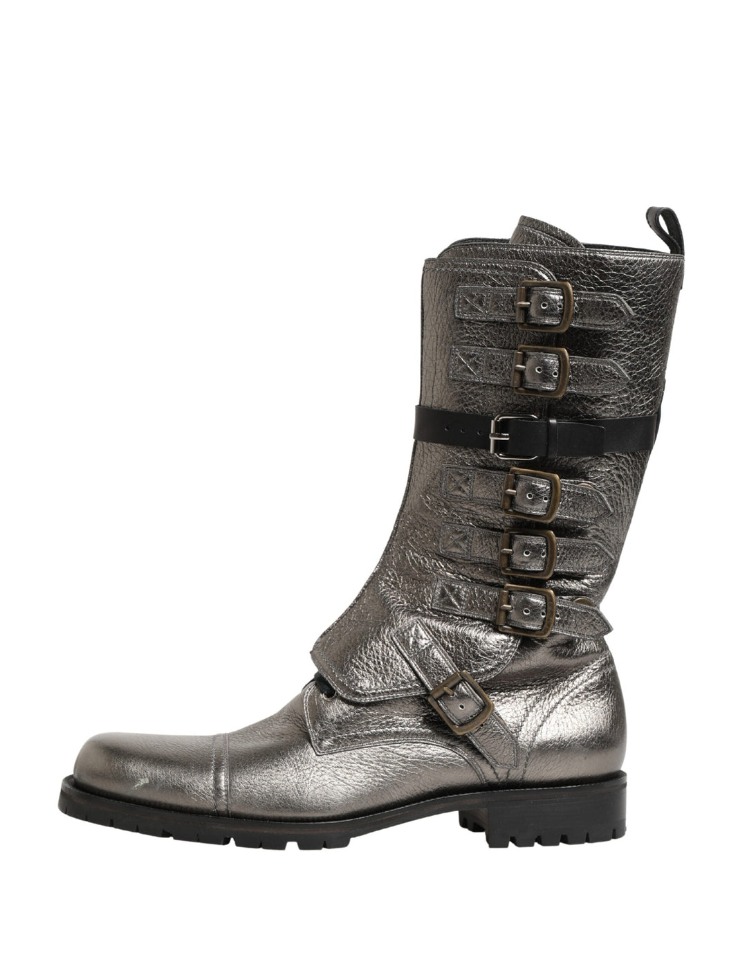 Dolce &amp; Gabbana Metallic Leather Buckle Combat Boots Shoes
