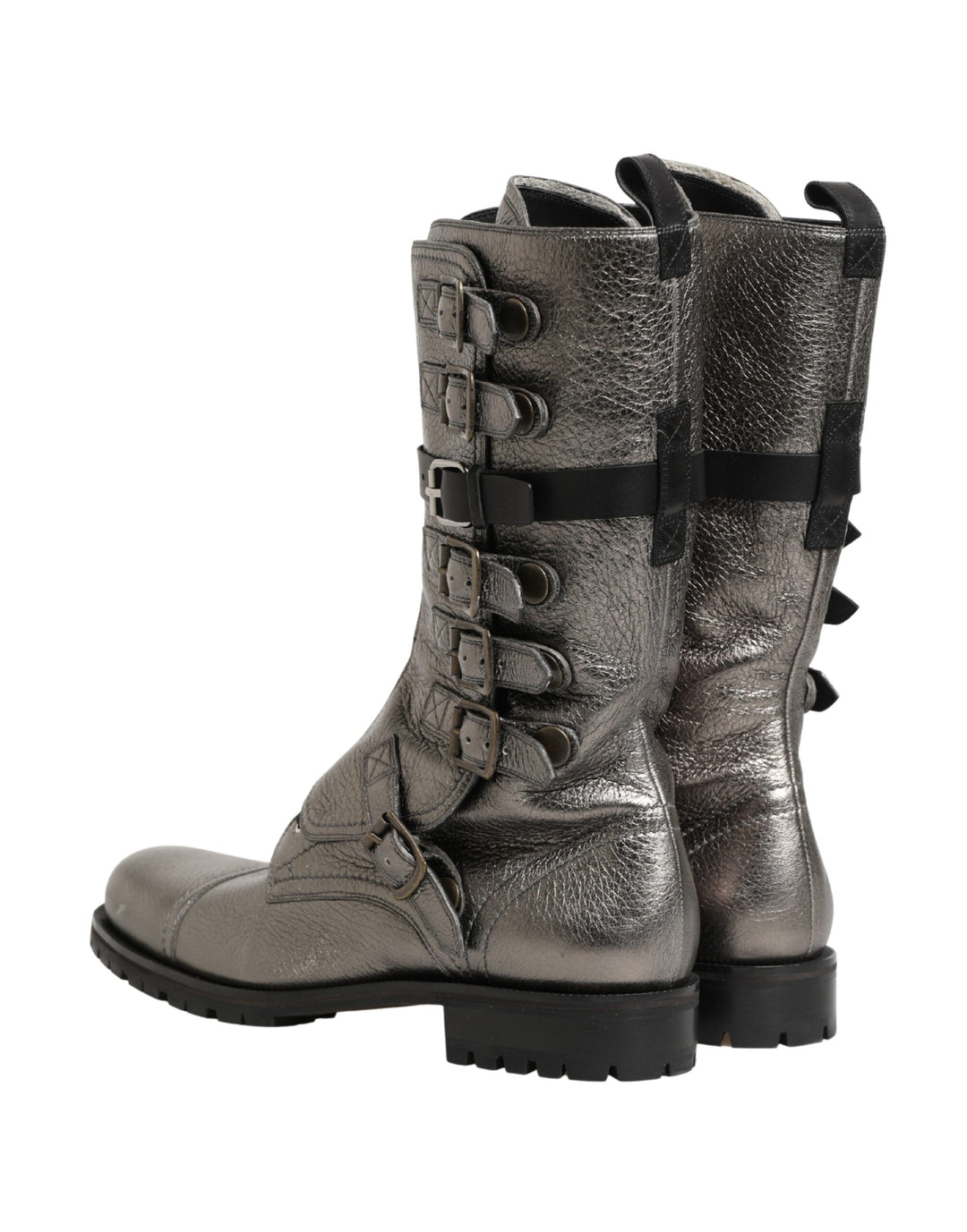 Dolce &amp; Gabbana Metallic Leather Buckle Combat Boots Shoes