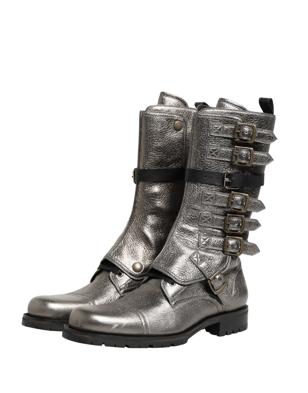 Dolce &amp; Gabbana Metallic Leather Buckle Combat Boots Shoes
