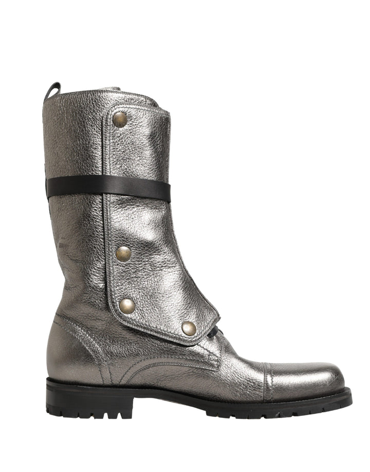 Dolce &amp; Gabbana Metallic Leather Buckle Combat Boots Shoes