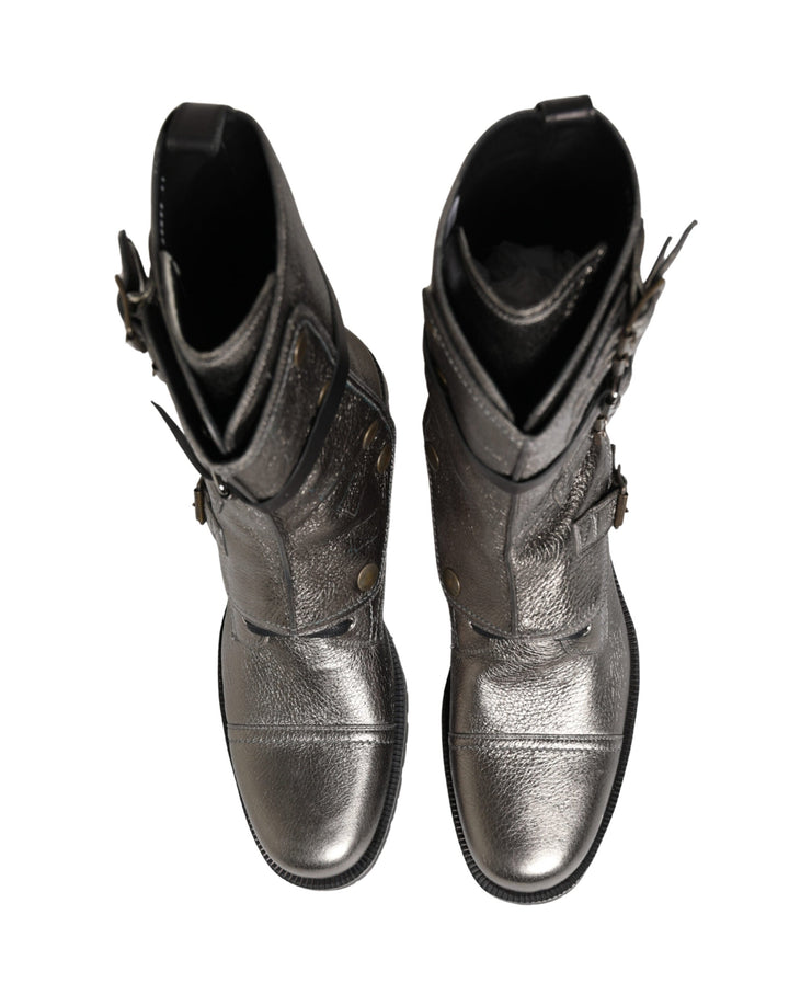 Dolce &amp; Gabbana Metallic Leather Buckle Combat Boots Shoes