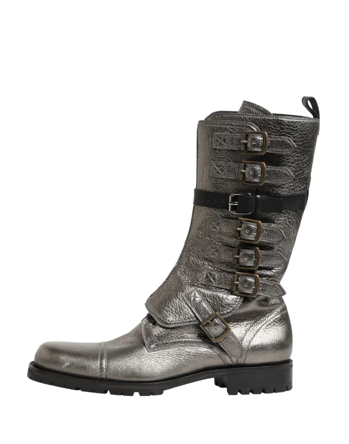 Dolce &amp; Gabbana Metallic Leather Buckle Combat Boots Shoes