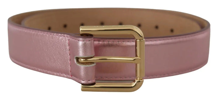 Dolce &amp; Gabbana Metallic Pink Polished Leather Logo Metal Buckle Belt