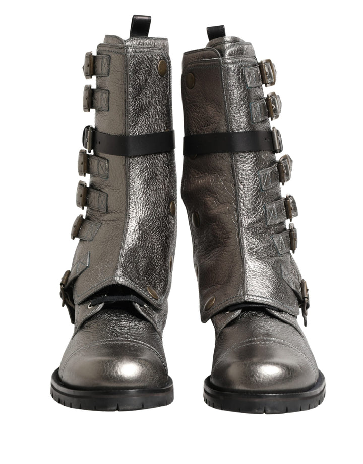 Dolce &amp; Gabbana Metallic Silver Combat Biker Mid Calf Boots Shoes