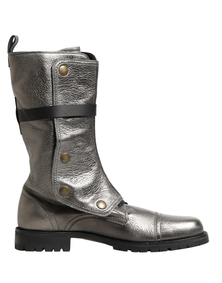 Dolce &amp; Gabbana Metallic Silver Combat Biker Mid Calf Boots Shoes