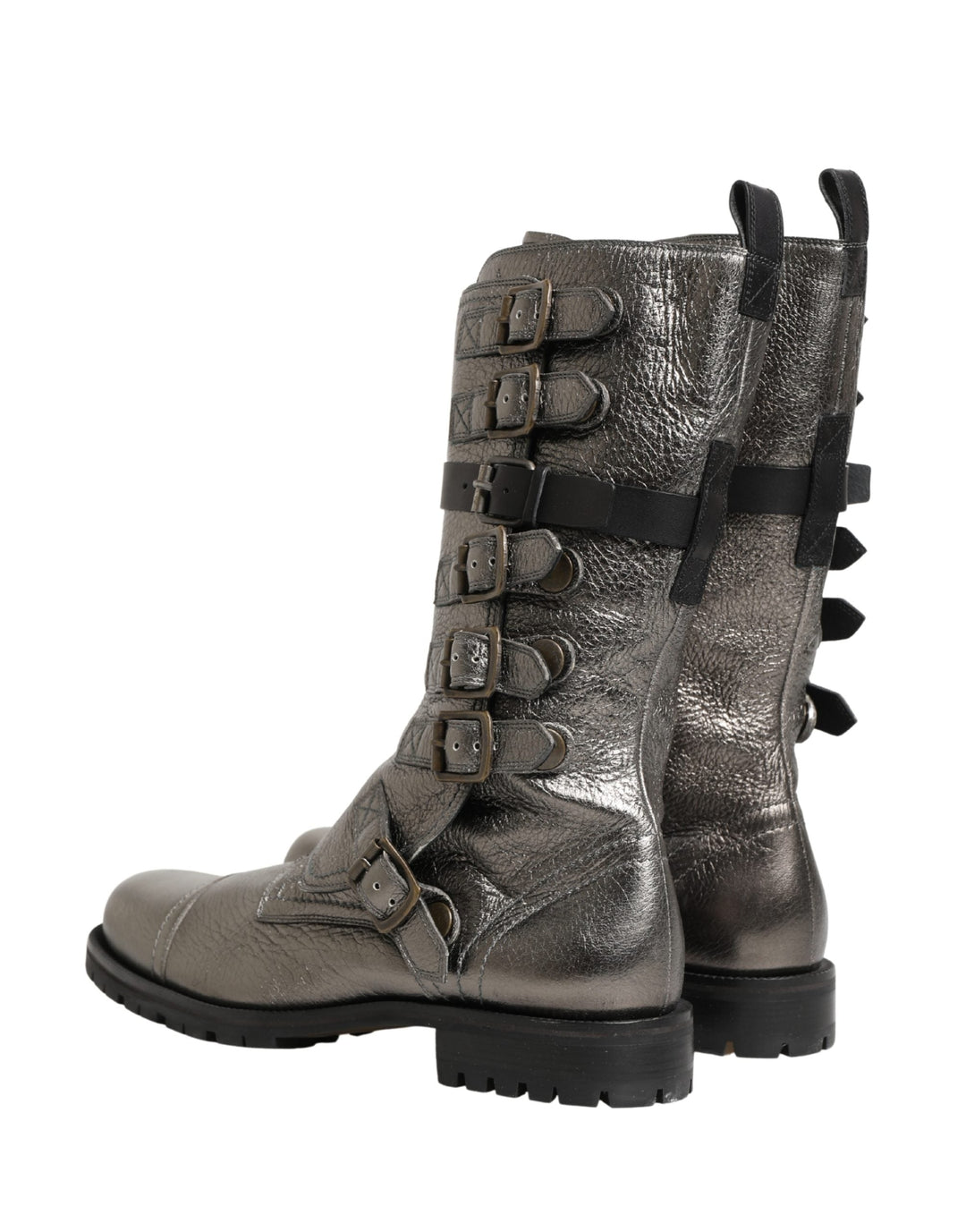 Dolce &amp; Gabbana Metallic Silver Combat Biker Mid Calf Boots Shoes