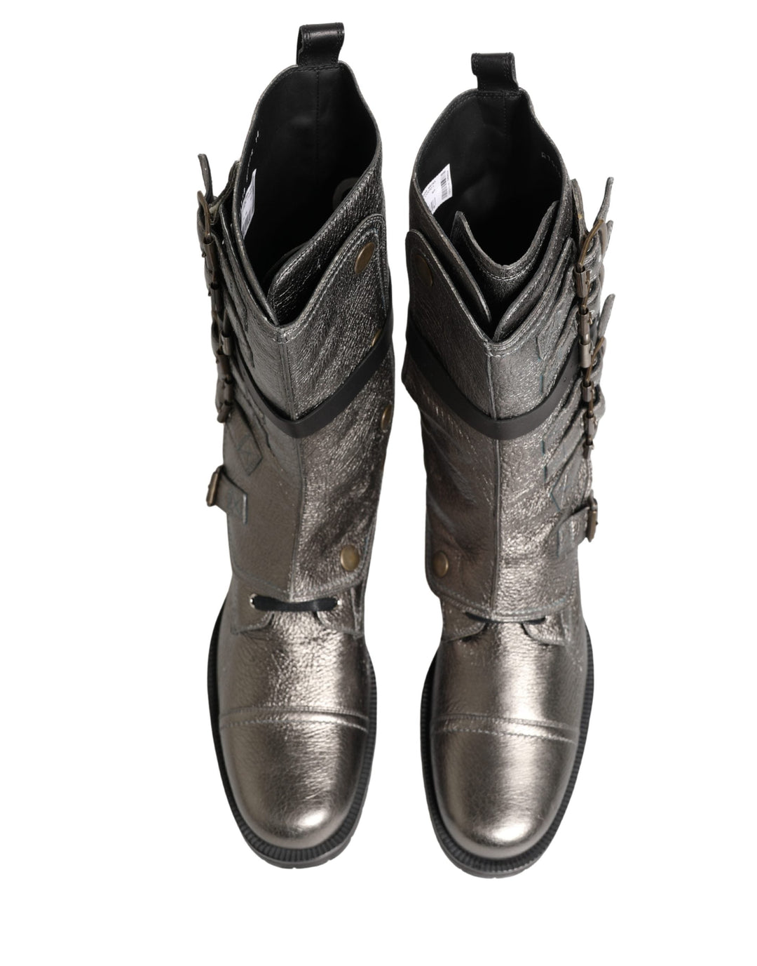 Dolce &amp; Gabbana Metallic Silver Combat Biker Mid Calf Boots Shoes