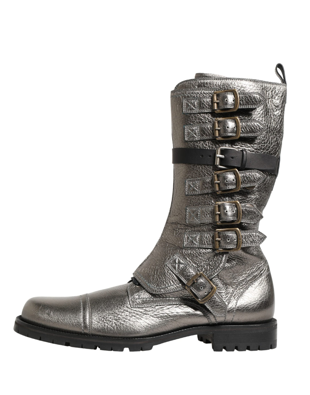 Dolce &amp; Gabbana Metallic Silver Combat Biker Mid Calf Boots Shoes