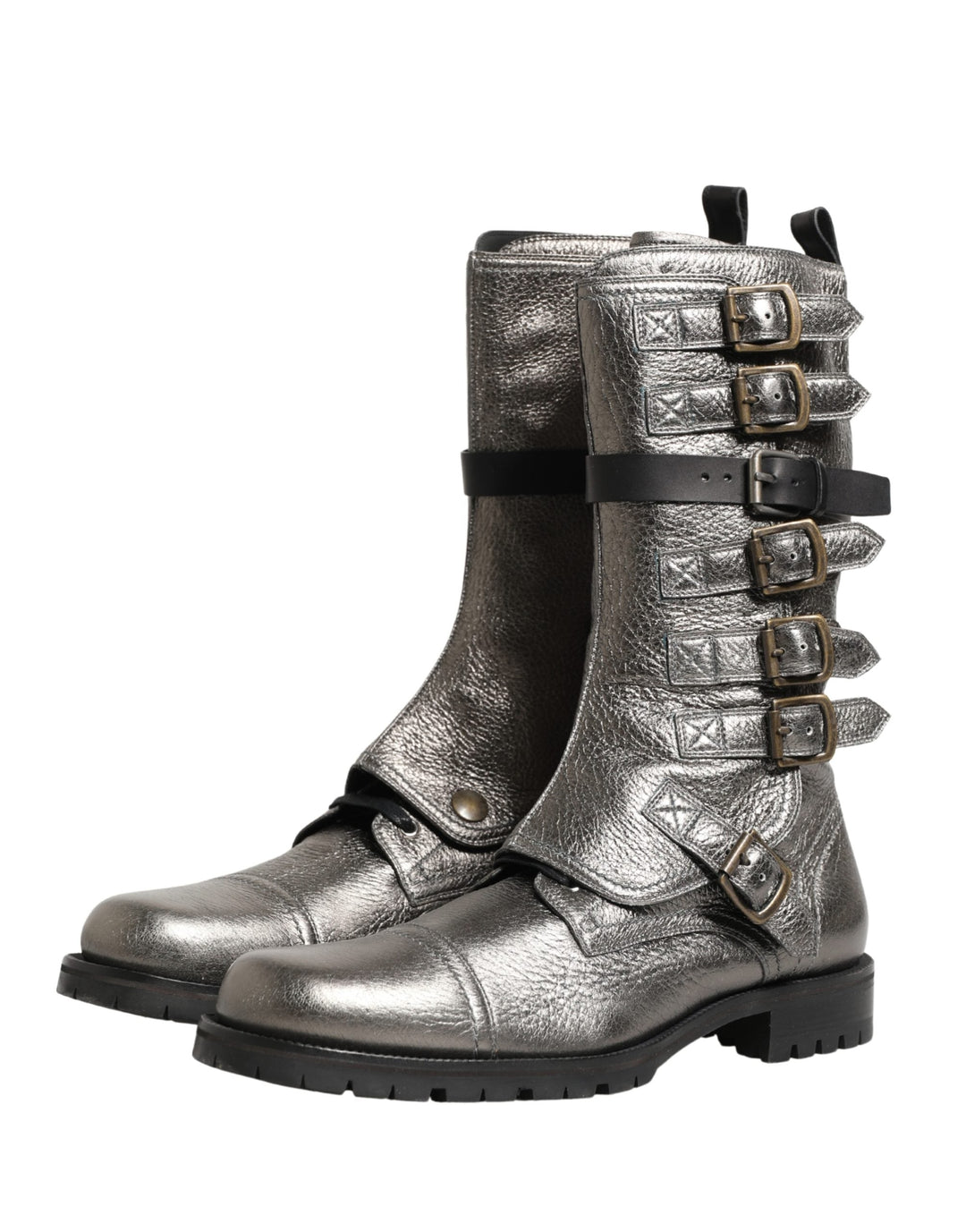 Dolce &amp; Gabbana Metallic Silver Combat Biker Mid Calf Boots Shoes