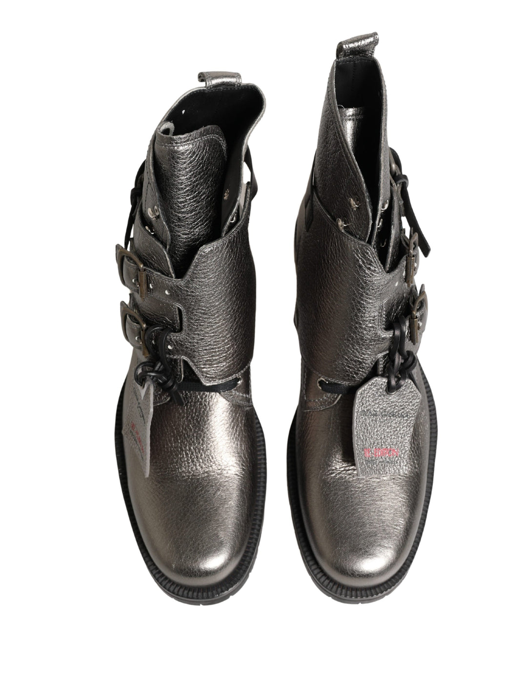 Dolce &amp; Gabbana Metallic Silver Leather Buckle Ankle Boots Shoes