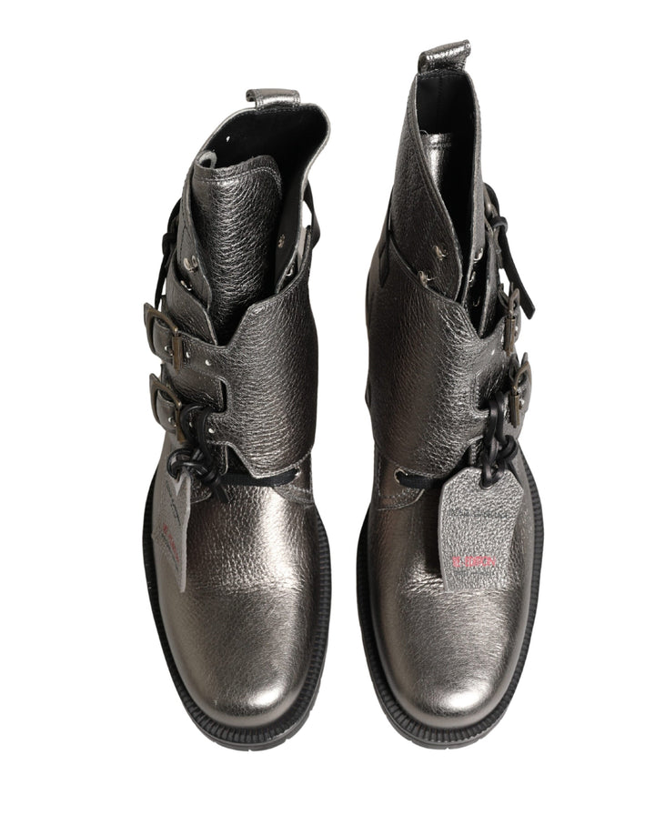 Dolce &amp; Gabbana Metallic Silver Leather Buckle Ankle Boots Shoes