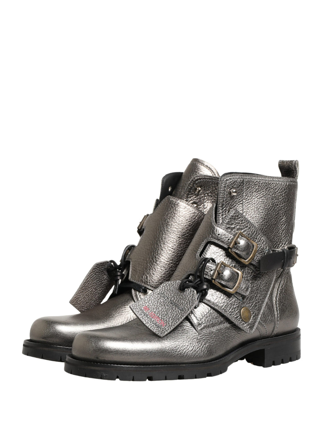 Dolce &amp; Gabbana Metallic Silver Leather Buckle Ankle Boots Shoes