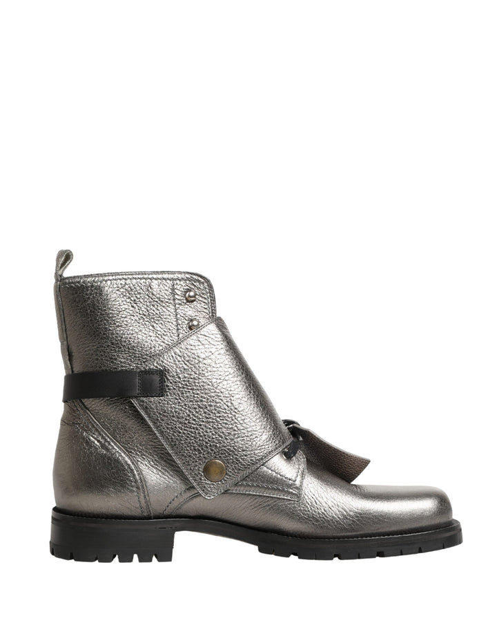 Dolce &amp; Gabbana Metallic Silver Leather Buckle Ankle Boots Shoes