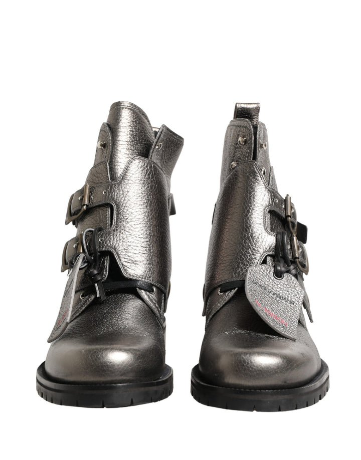 Dolce &amp; Gabbana Metallic Silver Leather Buckle Ankle Boots Shoes