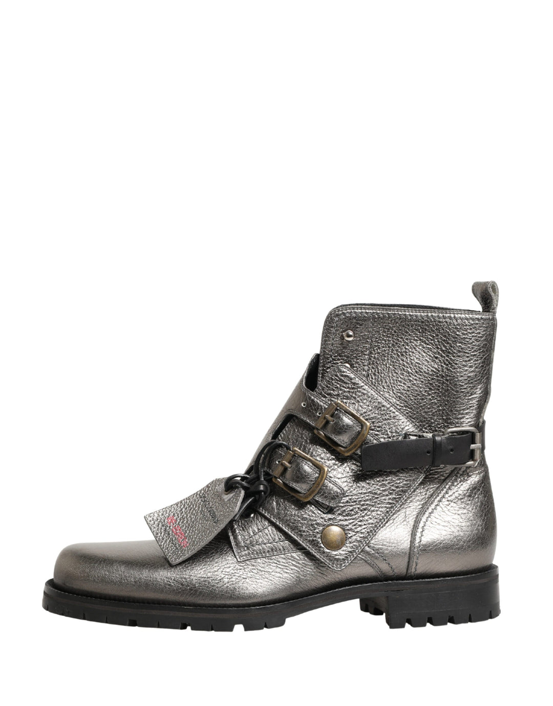 Dolce &amp; Gabbana Metallic Silver Leather Buckle Ankle Boots Shoes