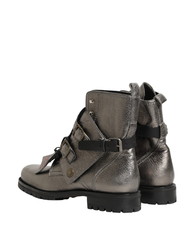 Dolce &amp; Gabbana Metallic Silver Leather Buckle Ankle Boots Shoes