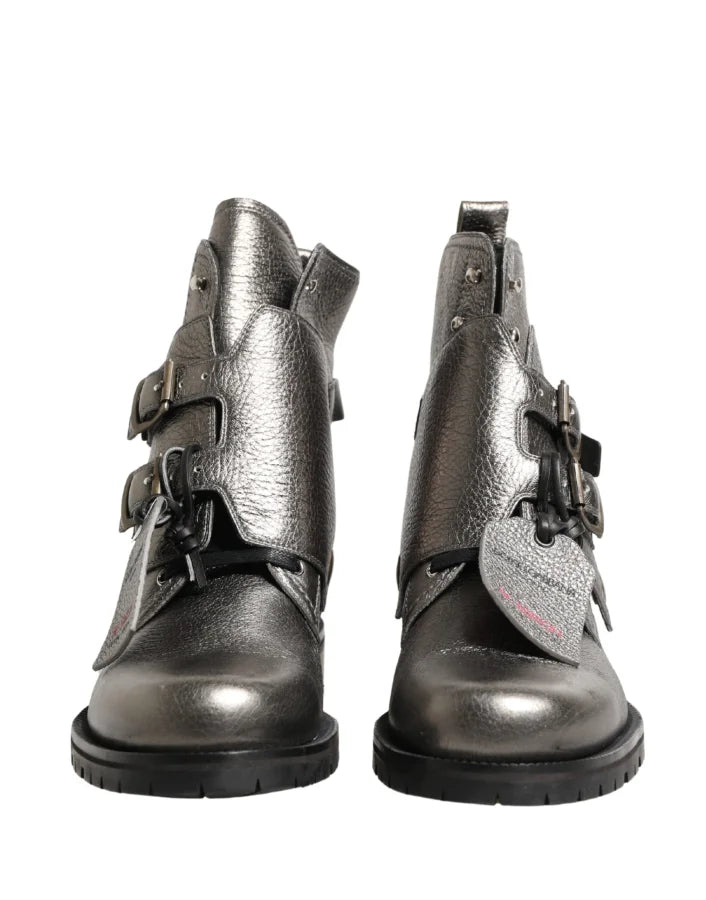 Dolce &amp; Gabbana Metallic Silver Leather Buckle Ankle Boots Shoes
