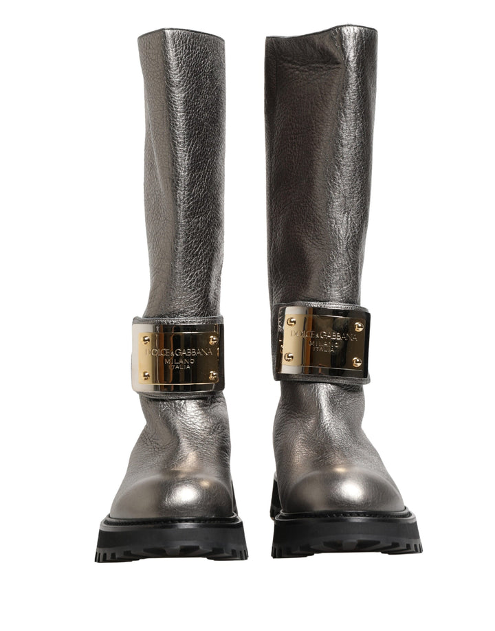 Dolce &amp; Gabbana Metallic Silver Leather Mid Calf Boots Shoes