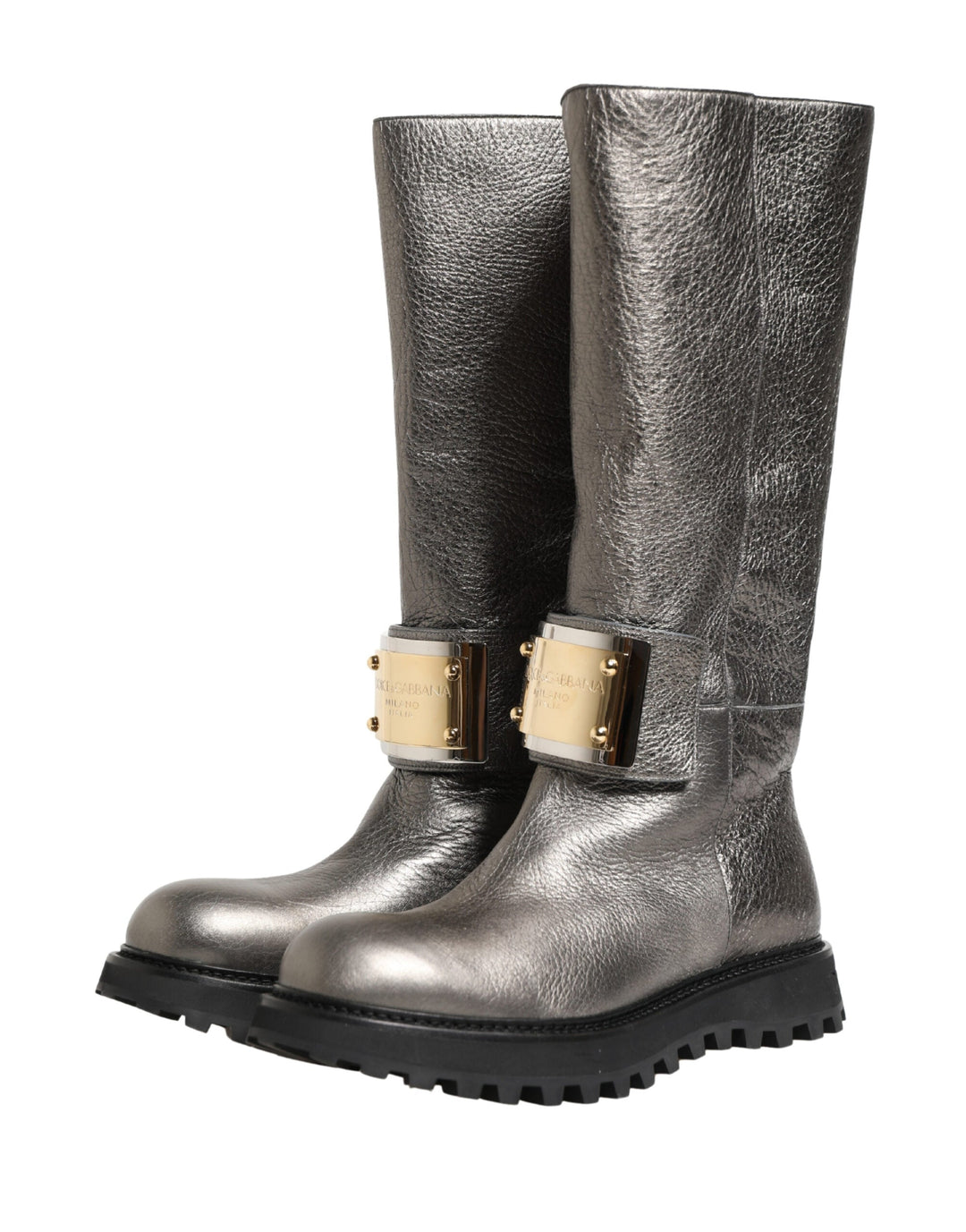 Dolce &amp; Gabbana Metallic Silver Leather Mid Calf Boots Shoes