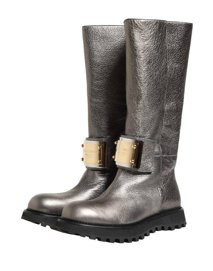 Dolce &amp; Gabbana Metallic Silver Leather Mid Calf Boots Shoes