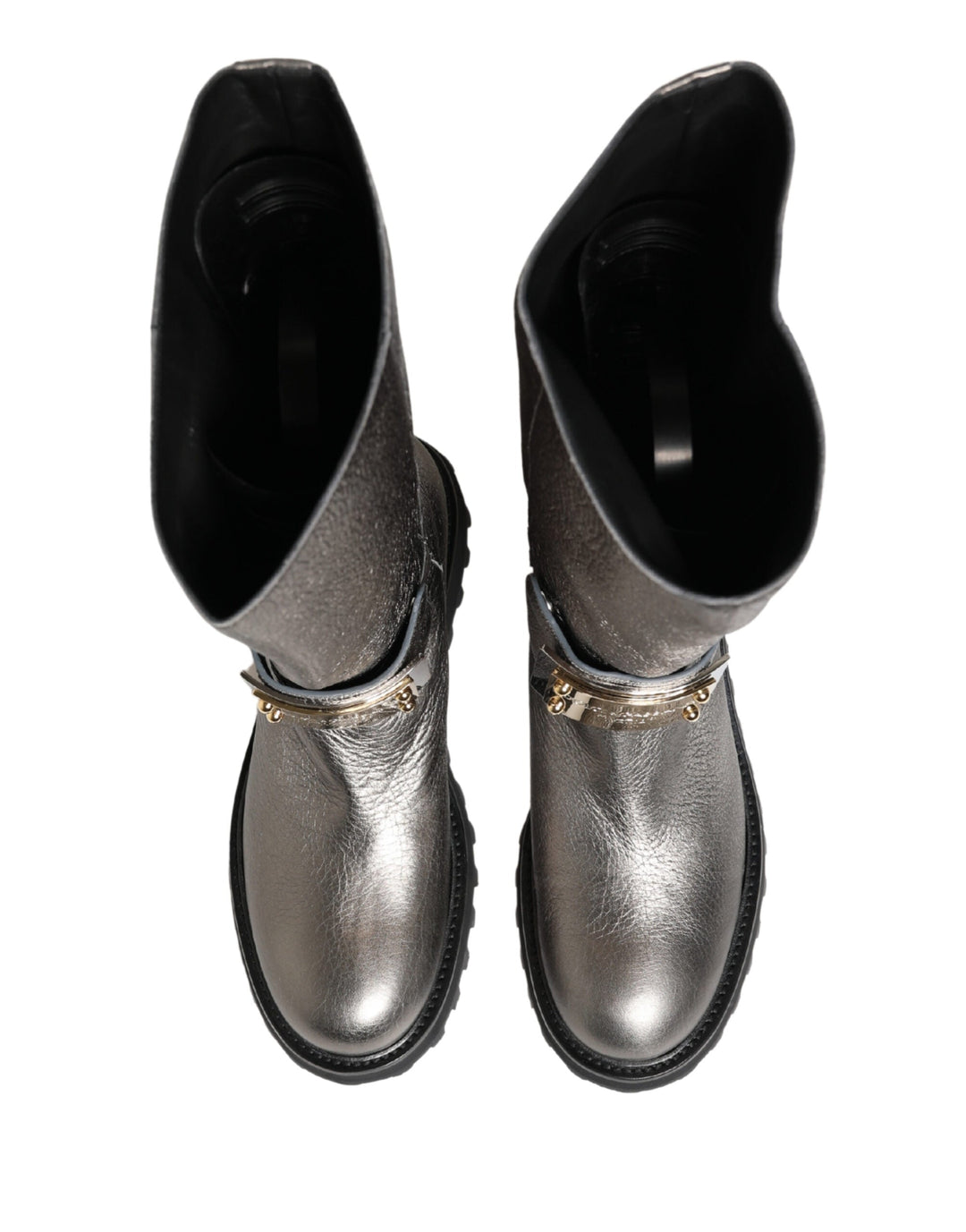 Dolce &amp; Gabbana Metallic Silver Leather Mid Calf Boots Shoes
