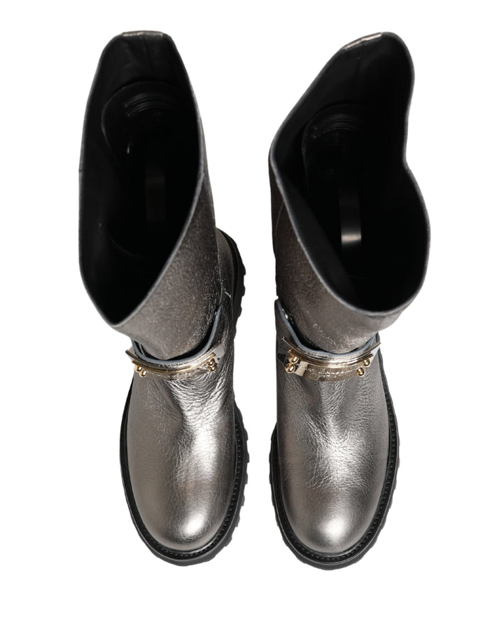 Dolce &amp; Gabbana Metallic Silver Leather Mid Calf Boots Shoes