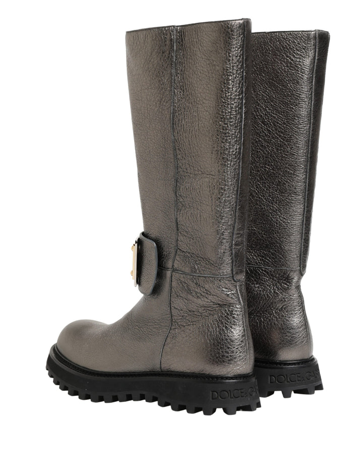 Dolce &amp; Gabbana Metallic Silver Leather Mid Calf Boots Shoes