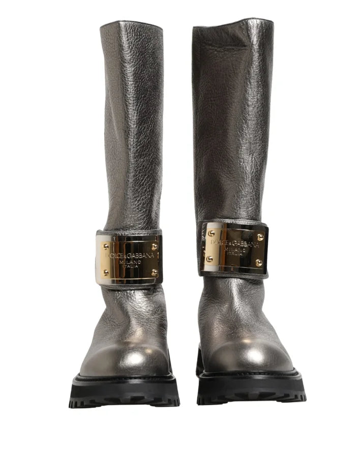 Dolce &amp; Gabbana Metallic Silver Leather Mid Calf Boots Shoes