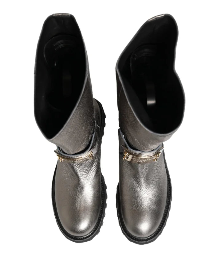Dolce &amp; Gabbana Metallic Silver Leather Mid Calf Boots Shoes