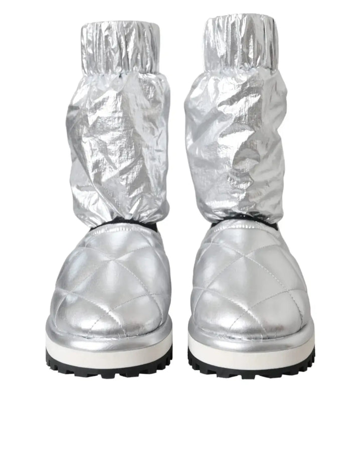 Dolce &amp; Gabbana Metallic Silver Quilted Logo Patch Boot Shoes