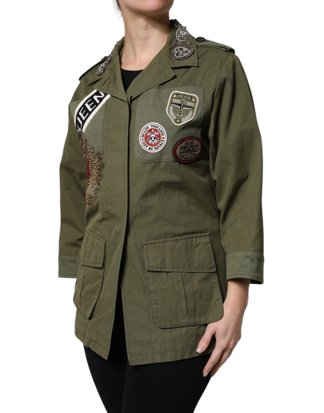 Dolce &amp; Gabbana Sport Jackets - Military Green Queen Embellished Coat Jacket