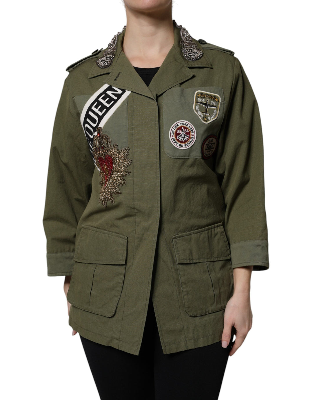 Dolce &amp; Gabbana Sport Jackets - Military Green Queen Embellished Coat Jacket