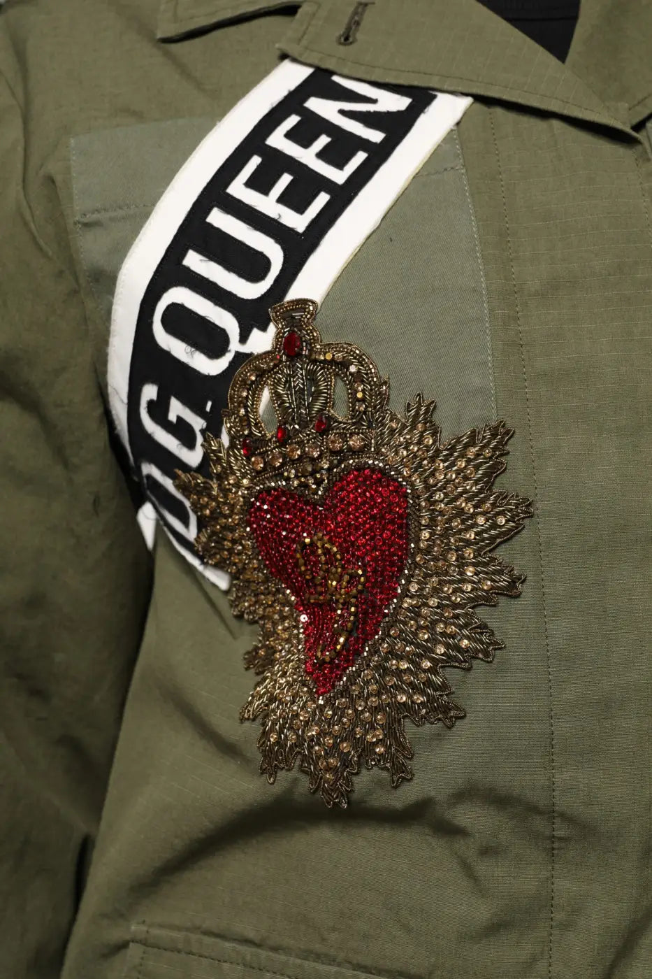 Dolce &amp; Gabbana Military Green Queen Embellished Coat Jacket