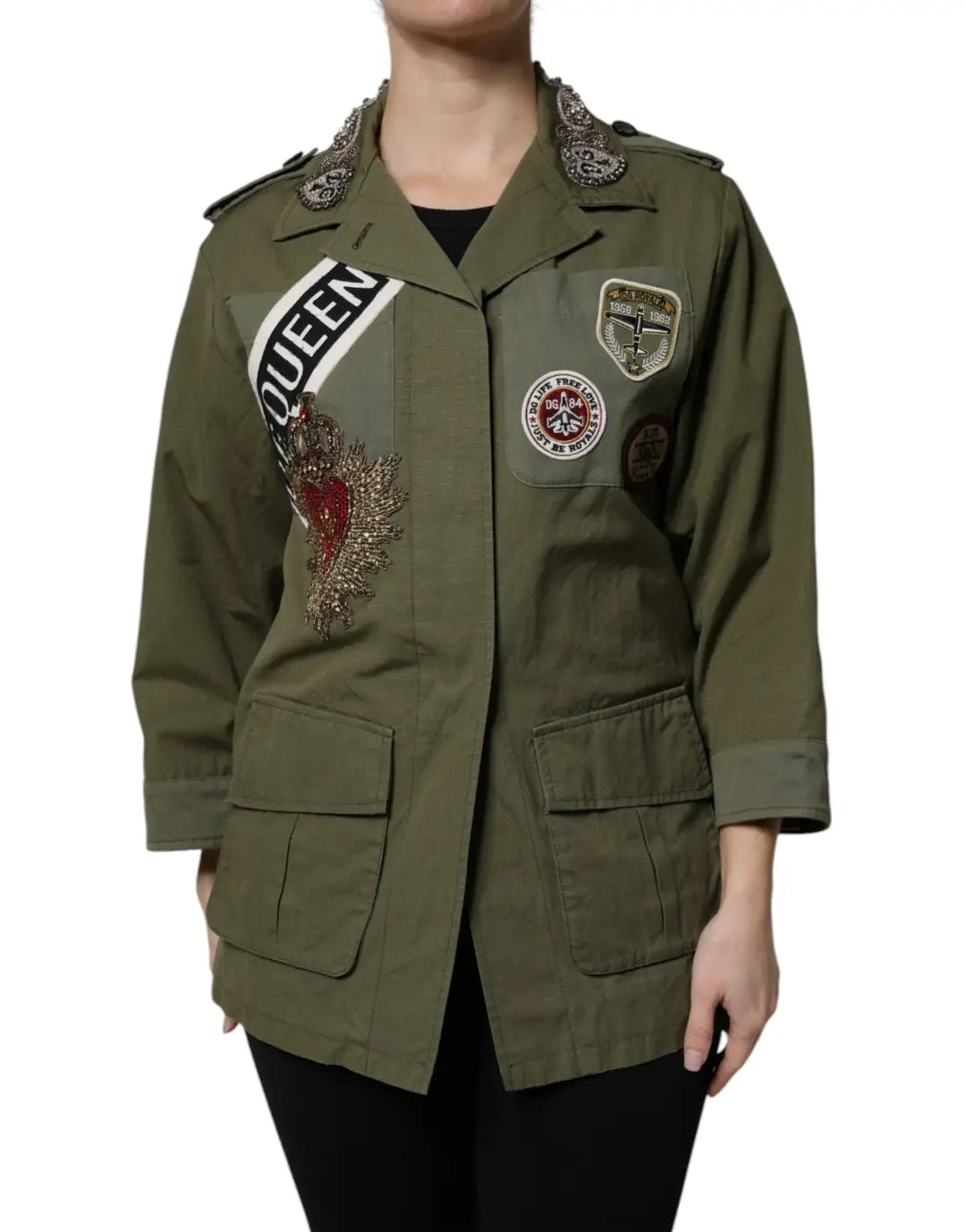 Dolce &amp; Gabbana Military Green Queen Embellished Coat Jacket