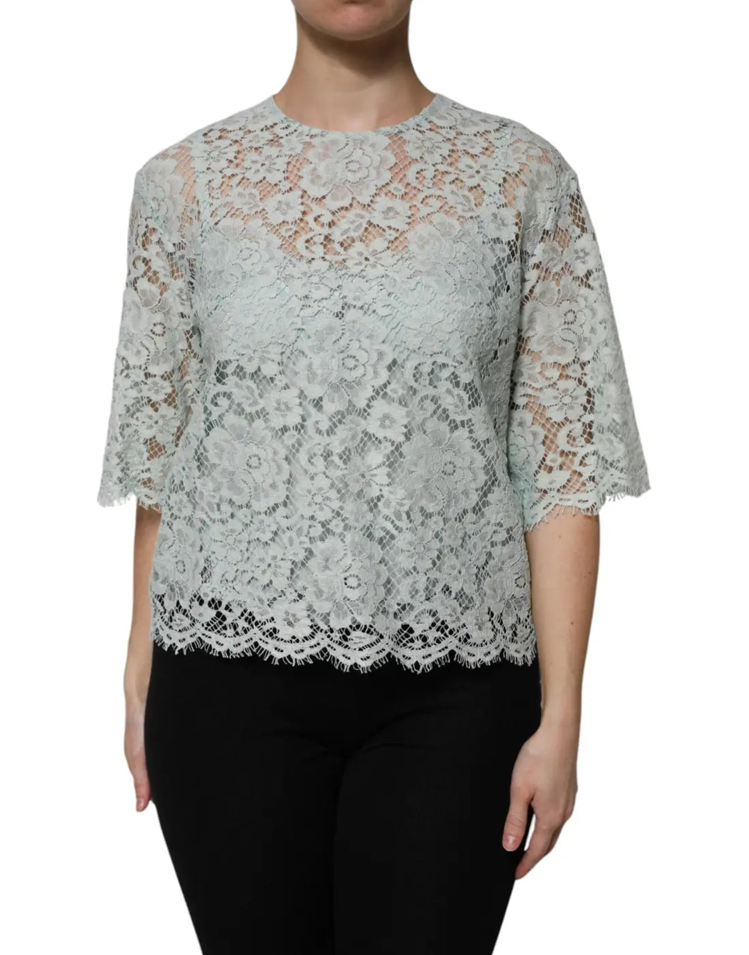 Dolce &amp; Gabbana Mint Green Floral Lace Cotton Blouse Top