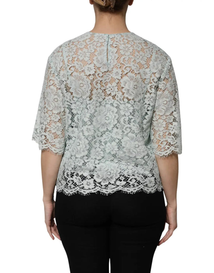 Dolce &amp; Gabbana Mint Green Floral Lace Cotton Blouse Top