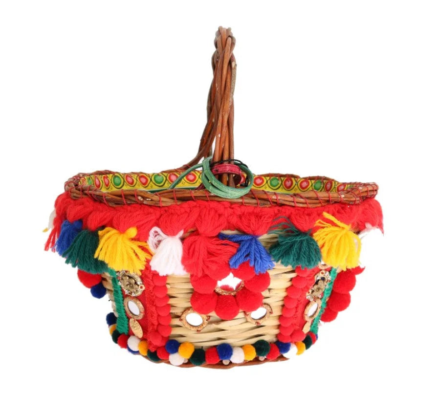 Dolce &amp; Gabbana Multicolor AGNESE Straw Crystal Pom Bag