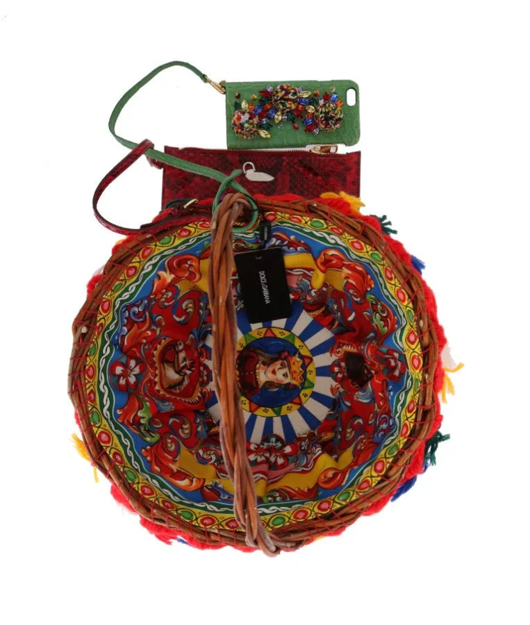 Dolce &amp; Gabbana Multicolor AGNESE Straw Crystal Pom Bag