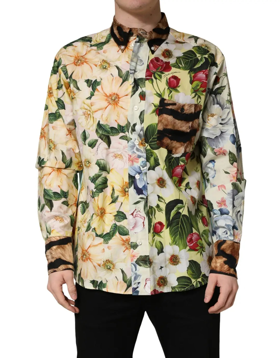Dolce &amp; Gabbana Multicolor Floral Animal Print Collared Shirt