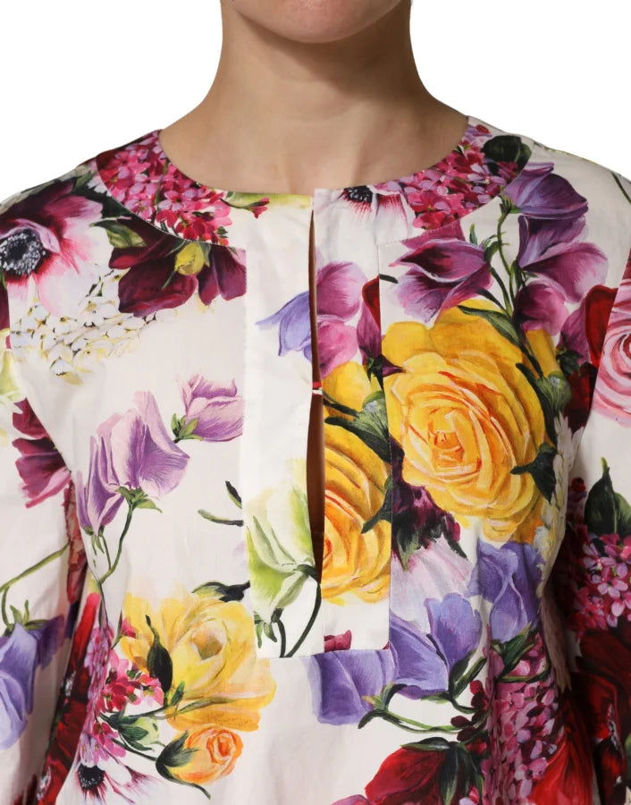 Dolce &amp; Gabbana Multicolor Floral Cotton Longsleeves Midi Dress