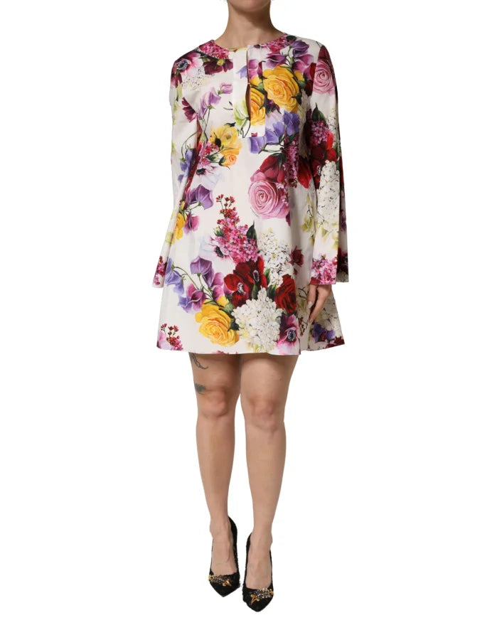 Dolce &amp; Gabbana Multicolor Floral Cotton Longsleeves Midi Dress