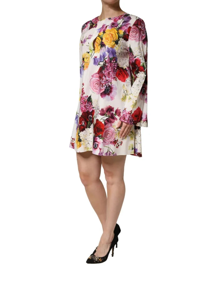 Dolce &amp; Gabbana Multicolor Floral Cotton Longsleeves Midi Dress